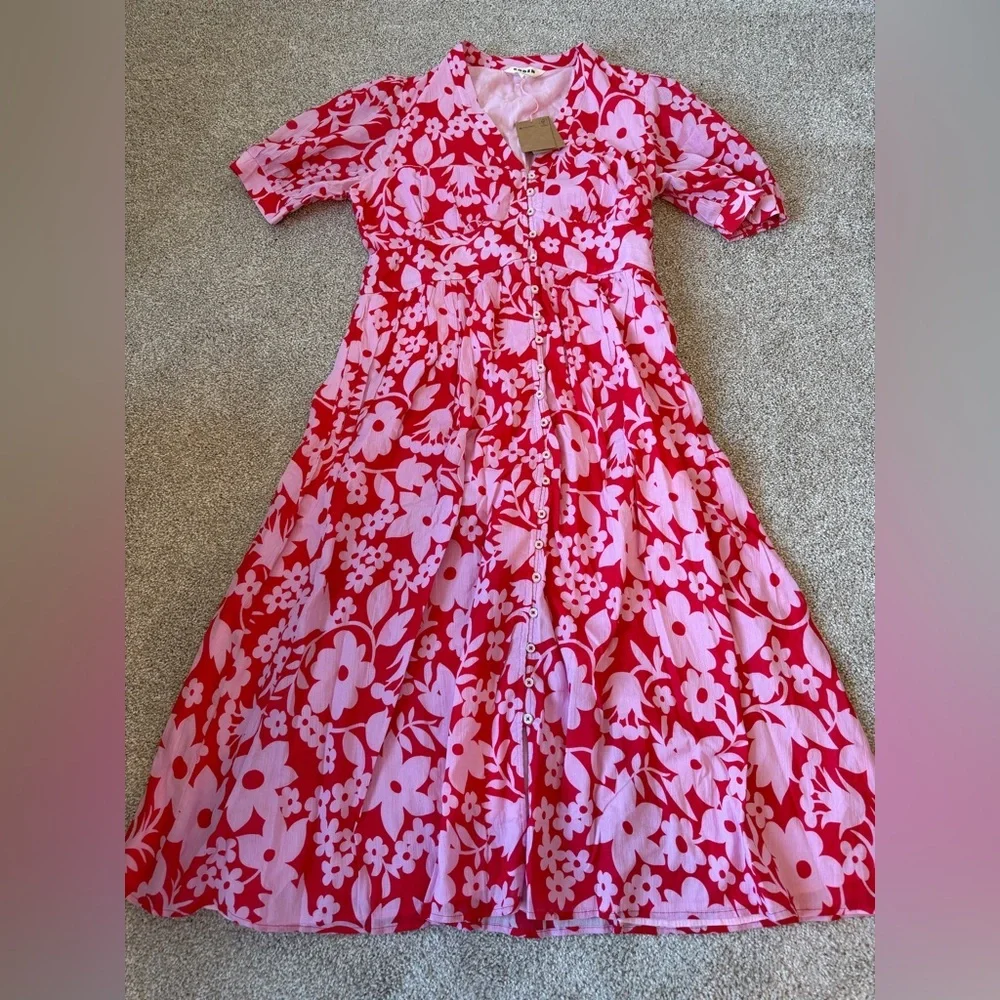 NWT Boden Elsa Crinkle Midi Tea Dress in Flame Scarlet, Tulip Garden US 12R - Picture 5 of 6
